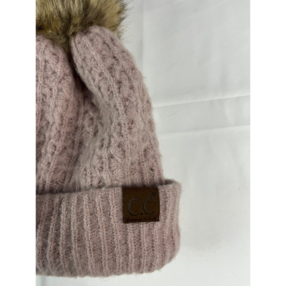 CC Beanies Womens Pink Knit Pom Pom‎ Beanie Hat Winter Warm Soft Fur